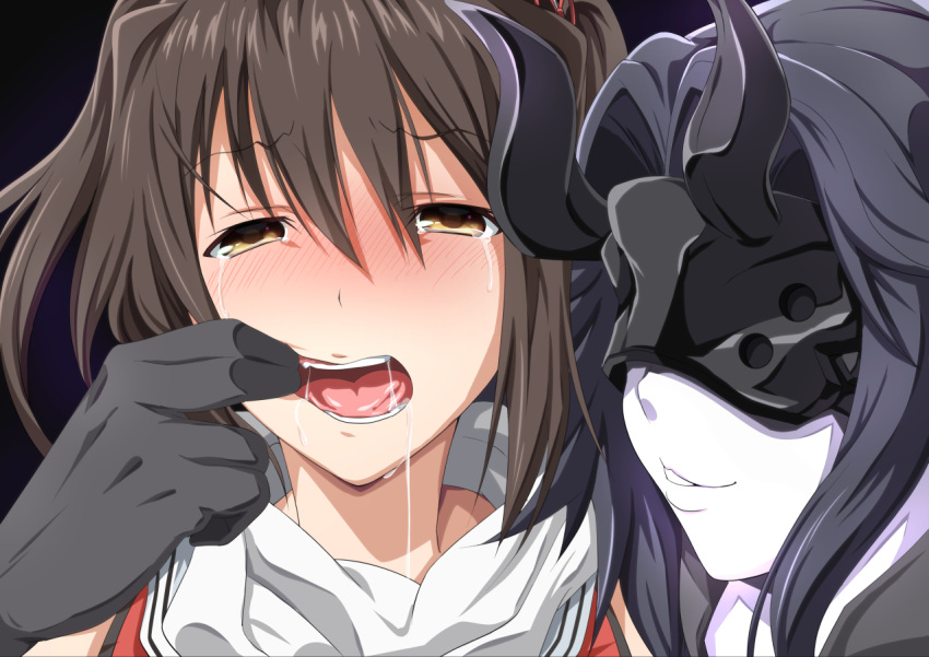 2girls, blush, drooling, finger_in_mouth, horns, kantai_collection, light_cruiser_hime, long_hair