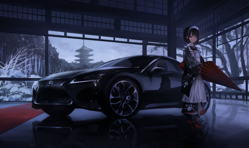 1girl, apron, bangs, black_hair, black_legwear, blunt_bangs, car, carpet