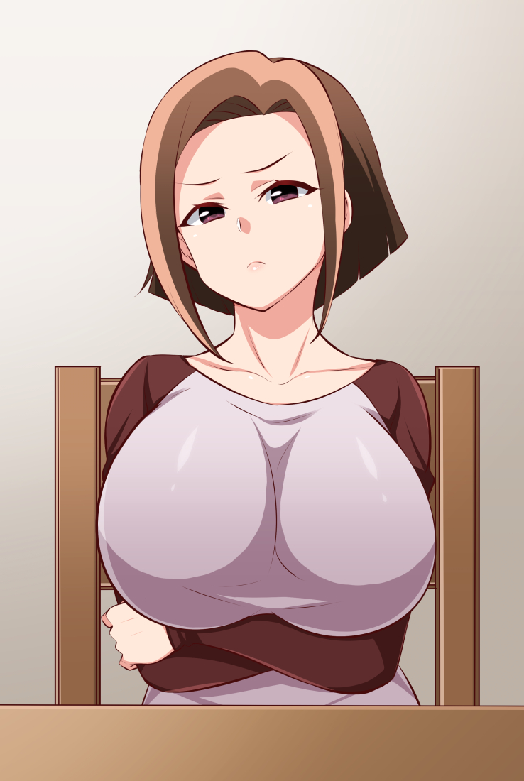 1girl, breasts, brown_hair, chair, closed_mouth, collarbone, crossed_arms, frown