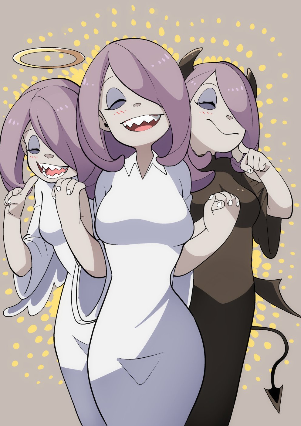 3girls, alternate_breast_size, angel_and_devil, angel_wings, aura, birthday, black_dress, blush