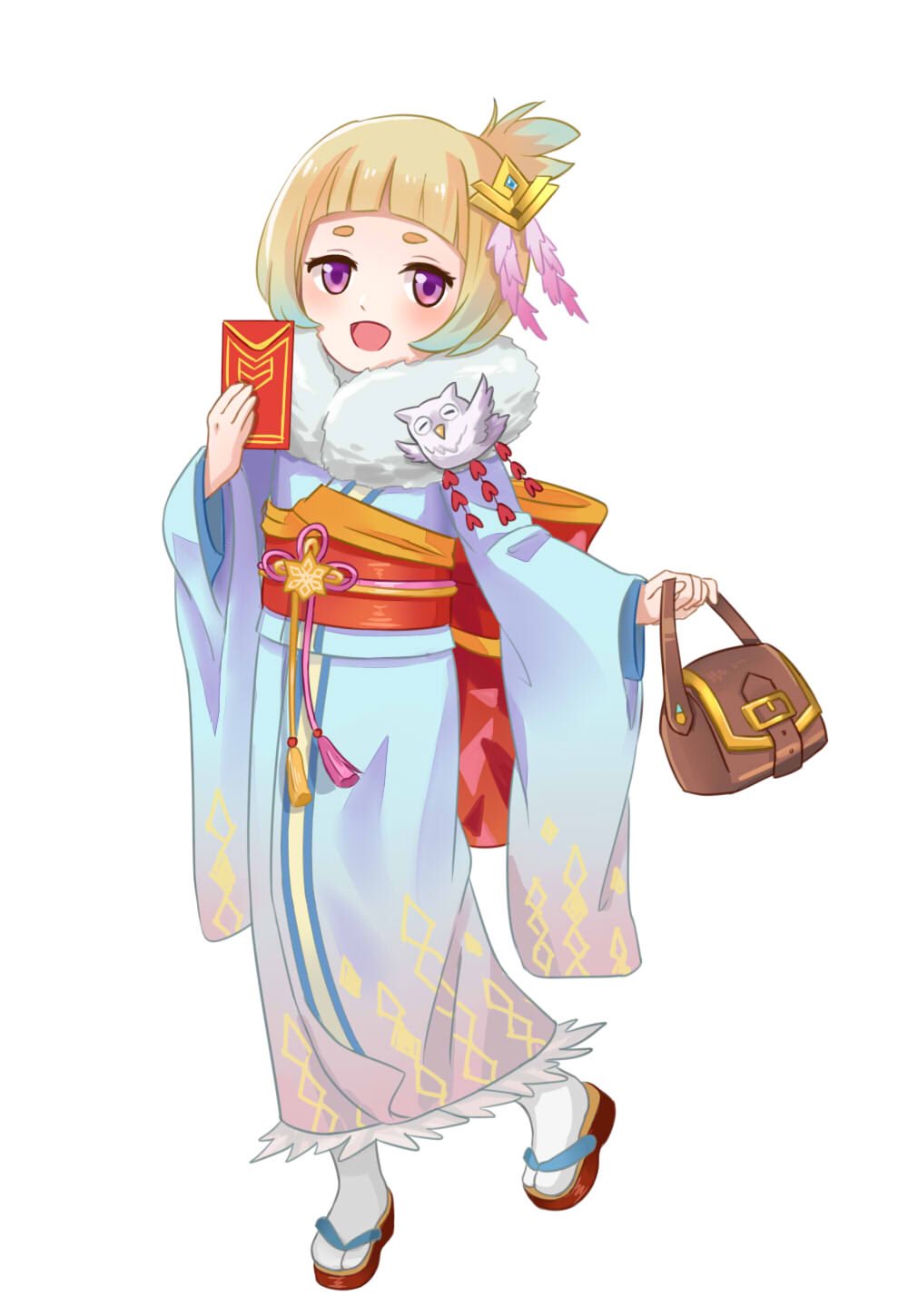 1girl, alternate_costume, alternate_hairstyle, blue_hair, feh_(fire_emblem_heroes), fire_emblem, fire_emblem_heroes, full_body, gradient_hair, hair_ornament, highres, hraaat, japanese_clothes, kimono, long_sleeves, multicolored_hair, nintendo, obi, open_mouth, sandals, sash, short_hair, simple_background, solo, tabi, violet_eyes, white_background, white_hair, wide_sleeves, ylgr_(fire_emblem_heroes)