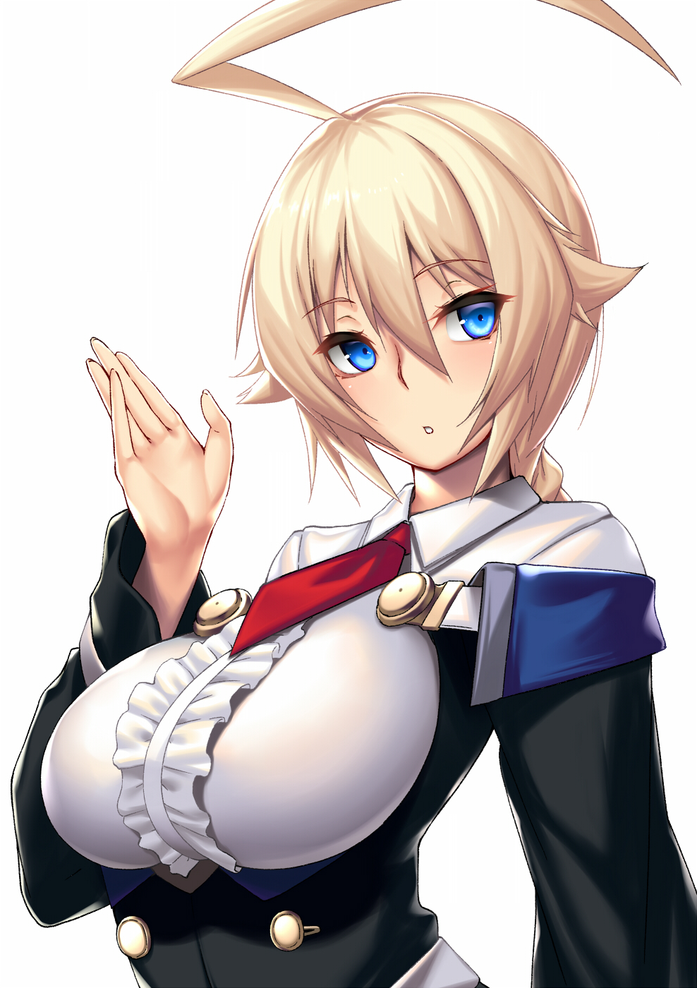 1girl, :o, ahoge, blazblue, blonde_hair, blue_eyes, braid, breasts