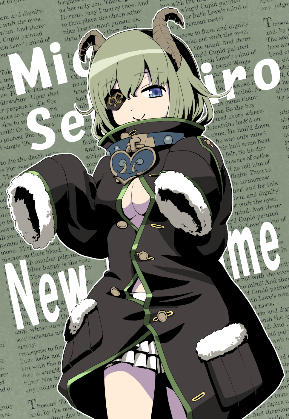 1girl, blue_eyes, breasts, buttons, character_name, cleavage, closed_mouth, coat