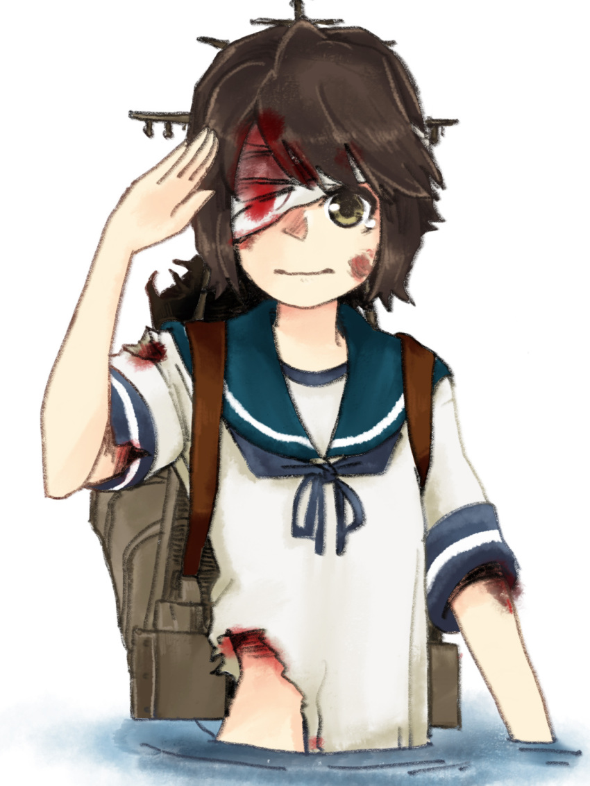 1girl, bandage, bandage_over_one_eye, black_hair, blood, blue_sailor_collar, brown_eyes, brown_hair, commentary_request, highres, kantai_collection, looking_at_viewer, machinery, mast, miyuki_(kantai_collection), negura_meru, sailor_collar, salute, school_uniform, serafuku, short_hair, simple_background, solo, torn_clothes, upper_body, water, white_background
