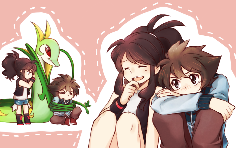 2boys, 2girls, black_(pokemon), black_wristband, blue_shorts, bound, brown_hair, brown_pants