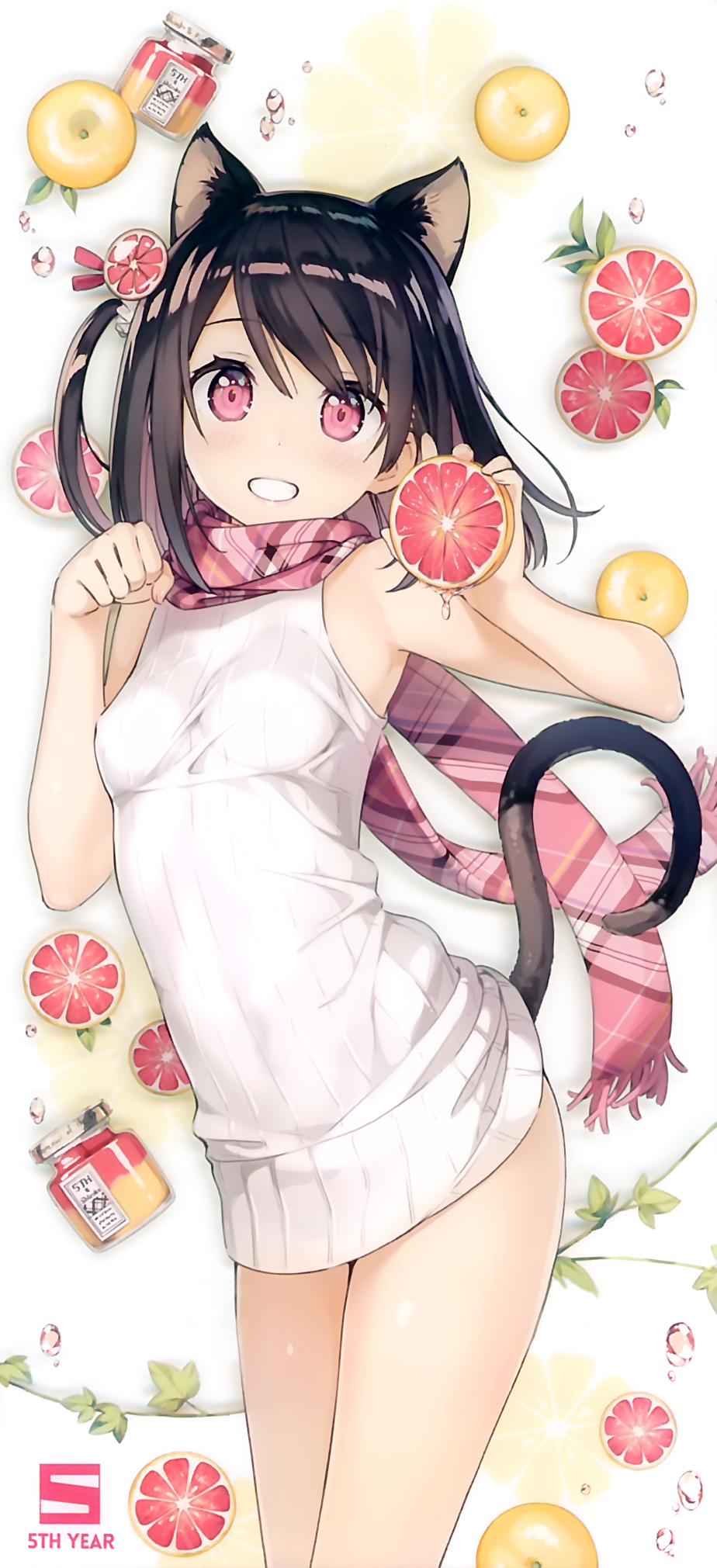 1girl, :d, animal_ears, black_hair, breasts, cat_ears, cat_tail, cowboy_shot