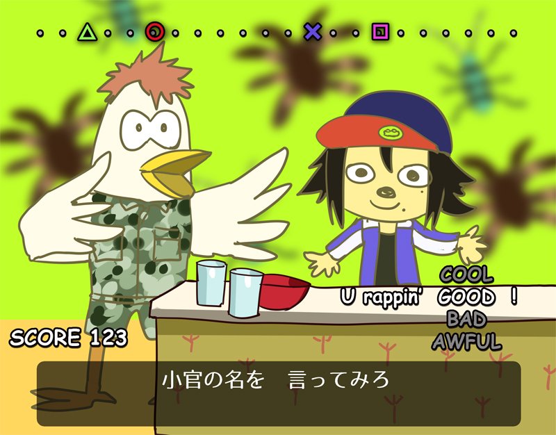 2boys, baseball_cap, bird, black_hair, bowl, busujima_riou_mason, chicken, fake_screenshot