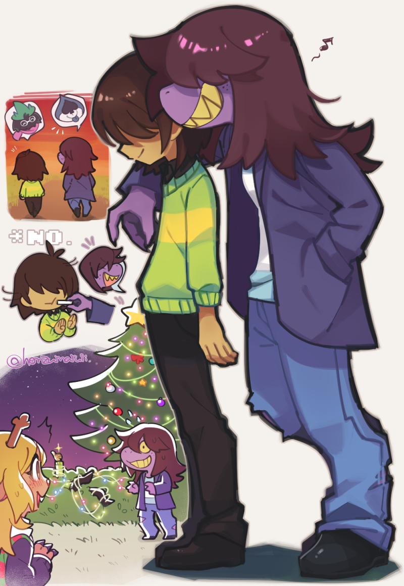 1other, 2boys, 2girls, androgynous, arm_around_shoulder, brown_hair, buck_teeth, chalk