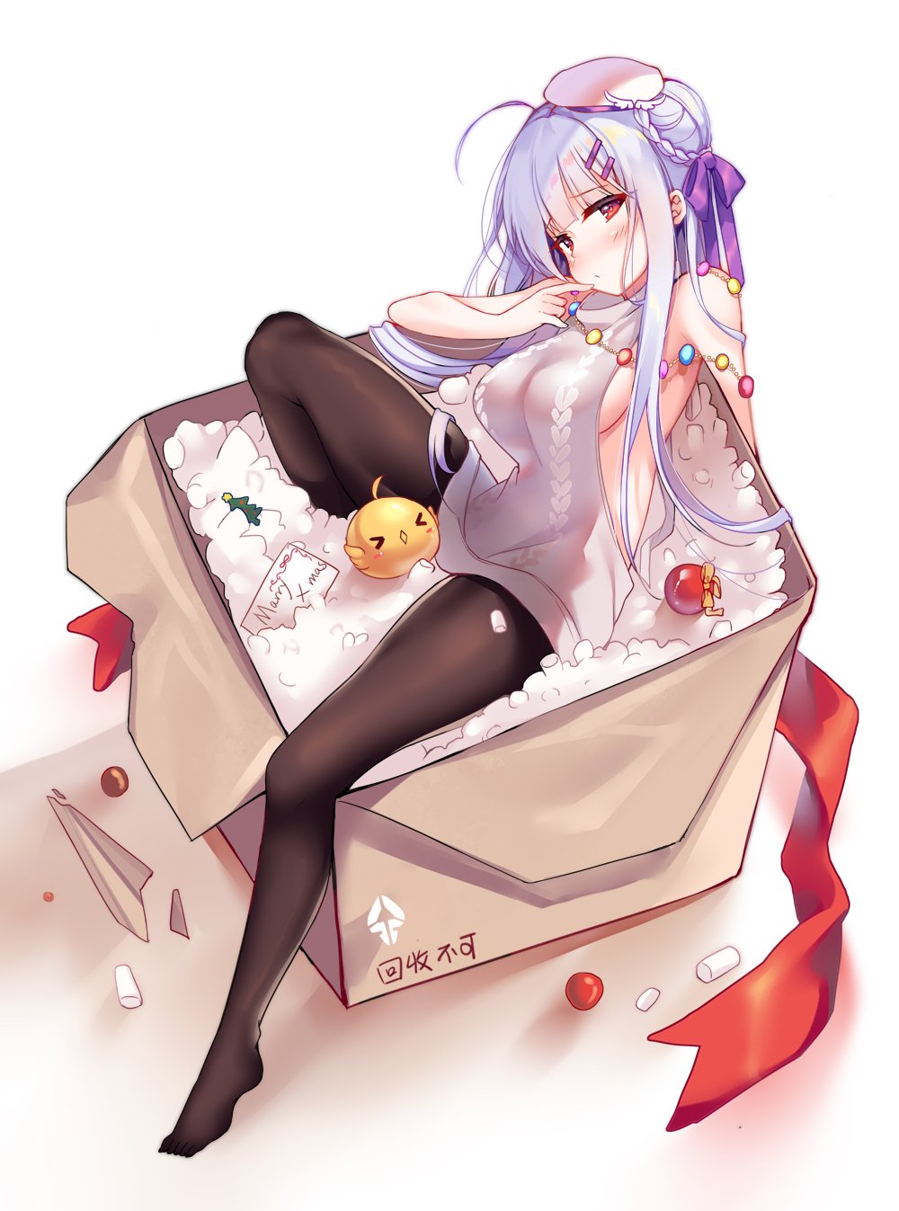 >_<, 1girl, azur_lane, bauble, bird, black_legwear, blush, box, braid, breasts, chick, christmas_ornaments, cygnet_(azur_lane), foam_peanuts, full-face_blush, hair_bun, hair_ornament, hairclip, hat, hecha_(swy1996228), highres, merry_christmas, pantyhose, red_eyes, sideboob, siting, solo, white_hair