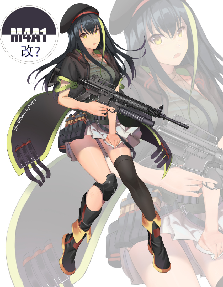 1girl, absurdres, alternate_costume, artist_name, assault_rifle, asymmetrical_legwear, bangs, beret, black_coat, black_footwear, black_hair, black_hat, black_legwear, blush, boots, buckle, character_name, coat, commentary_request, girls_frontline, green_eyes, green_hair, grenade_launcher, gun, hat, henz_(86551650), highres, holding, holding_skirt, knee_pads, long_hair, looking_at_viewer, m4_carbine, m4a1_(girls_frontline), magazine_(weapon), multicolored_hair, open_mouth, pleated_skirt, pouch, ribbed_sweater, rifle, sidelocks, single_thighhigh, skirt, sleeveless, sleeveless_turtleneck, solo, strap, streaked_hair, sweater, thigh-highs, trigger_discipline, turtleneck, weapon, white_background, white_skirt, zoom_layer