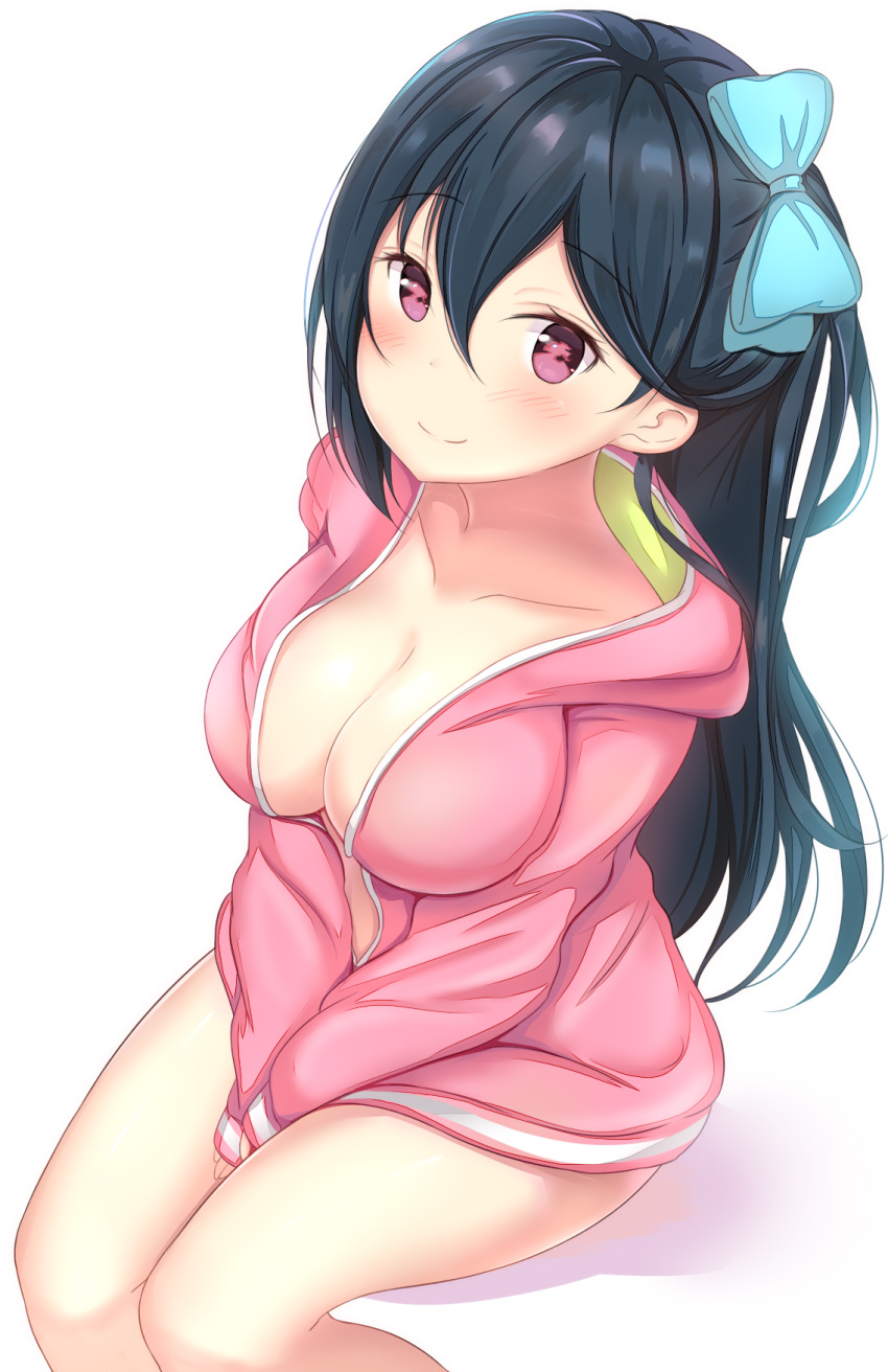1girl, between_legs, black_hair, blue_bow, blush, bow, breasts, cardigan, cleavage, collarbone, eyebrows_visible_through_hair, hair_between_eyes, hair_bow, hand_between_legs, highres, hood, hood_down, hooded_sweater, large_ribbon, long_hair, looking_at_viewer, naked_sweater, open_cardigan, open_clothes, phantasy_star, phantasy_star_online_2, pink_sweater, red_eyes, shiny, shiny_hair, simple_background, sitting, smile, solo, sweater, very_long_hair, washinomiya_koori, white_background, yuano
