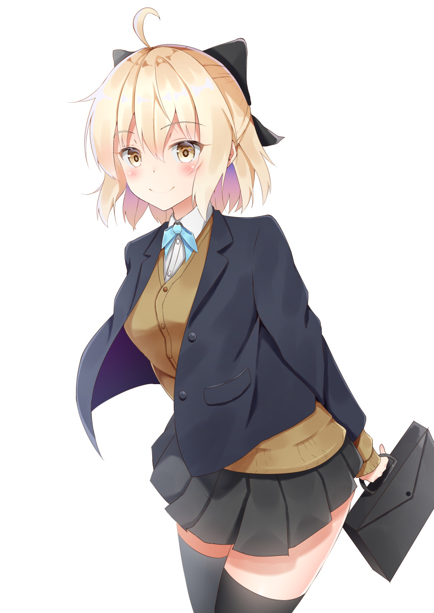 1girl, absurdres, ahoge, arm_behind_back, bag, black_bow, black_jacket, black_legwear