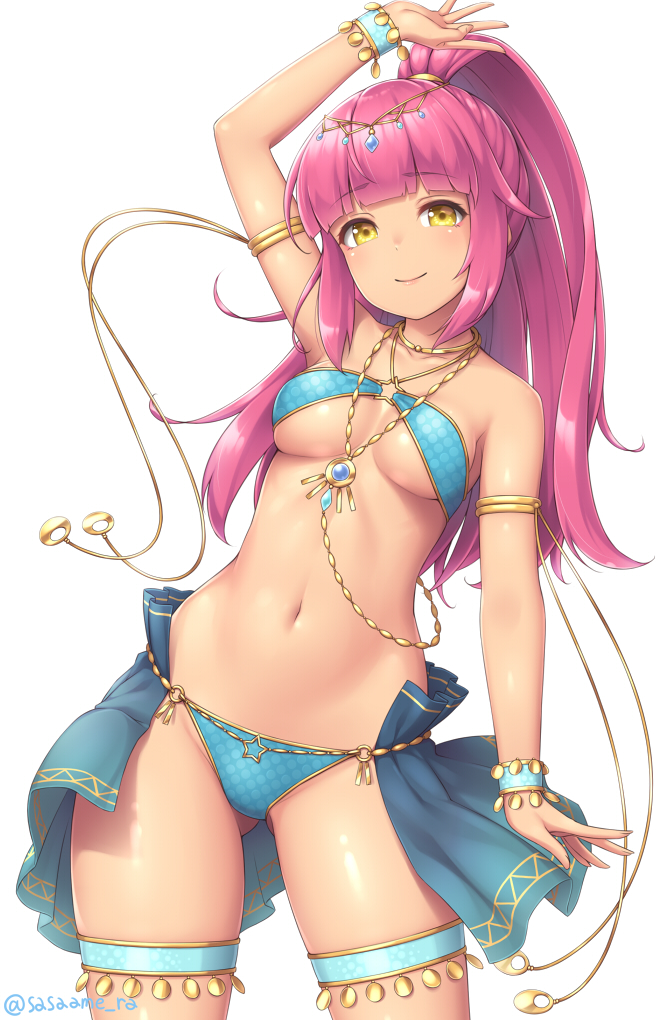 1girl, arm_up, armlet, bangs, bare_shoulders, blunt_bangs, bracelet, breasts