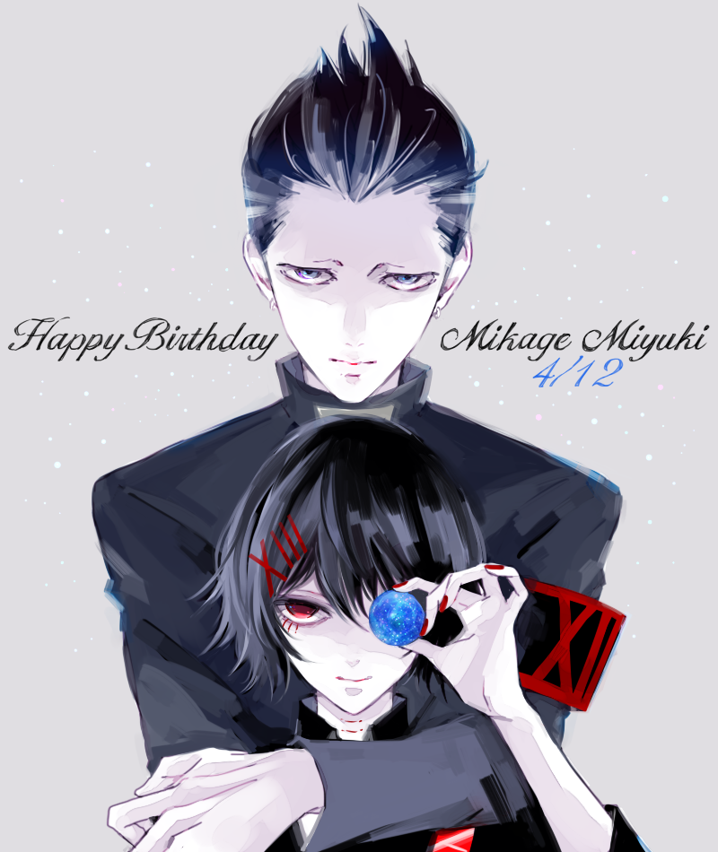2boys, androgynous, black_hair, black_shirt, closed_mouth, commentary_request, covering, fingernails