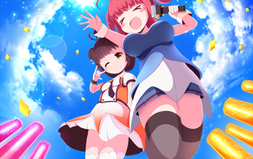 >_<, 2girls, \m/, ahoge, antenna_hair, azur_lane, black_legwear, black_neckwear, blue_skirt, blush, breasts, brown_eyes, brown_hair, closed_eyes, closed_mouth, clouds, confetti, crossover, day, double_bun, from_below, kantai_collection, large_breasts, light_stick, long_hair, microphone, mochinabe_(motinabe1500), multiple_girls, naka_(kantai_collection), neckerchief, one_eye_closed, open_mouth, pleated_skirt, redhead, remodel_(kantai_collection), san_diego_(azur_lane), school_uniform, serafuku, skirt, sky, thigh-highs, trait_connection, twintails, white_legwear