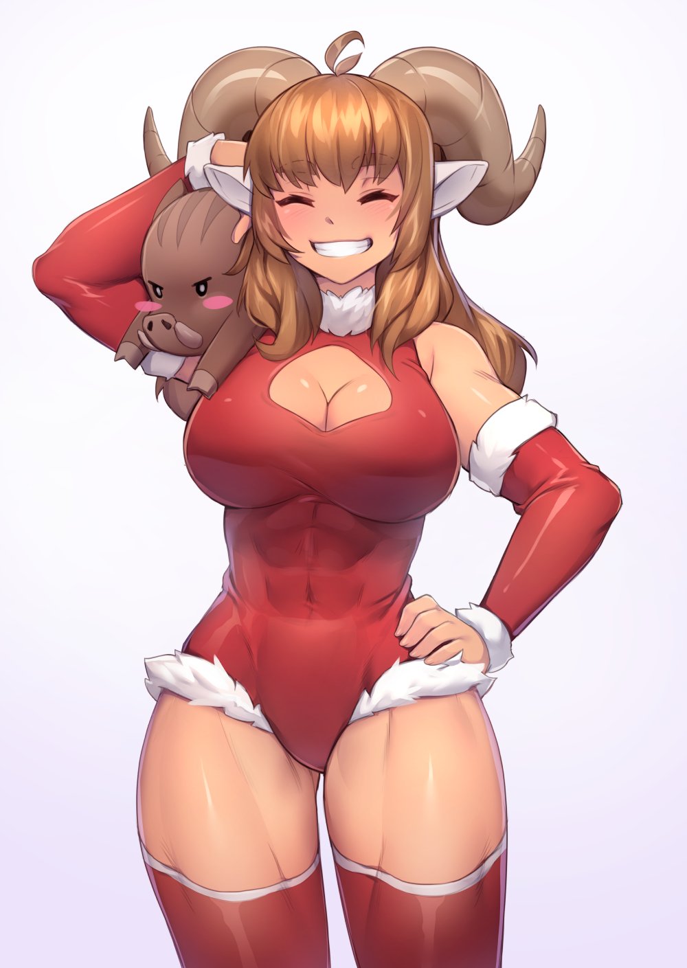 1girl, abs, animal_ears, bangs, bare_shoulders, blush_stickers, breasts, brown_hair