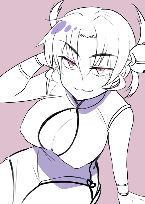 1girl, antenna_hair, bangs, bare_shoulders, bell, bracelet, breasts, center_opening