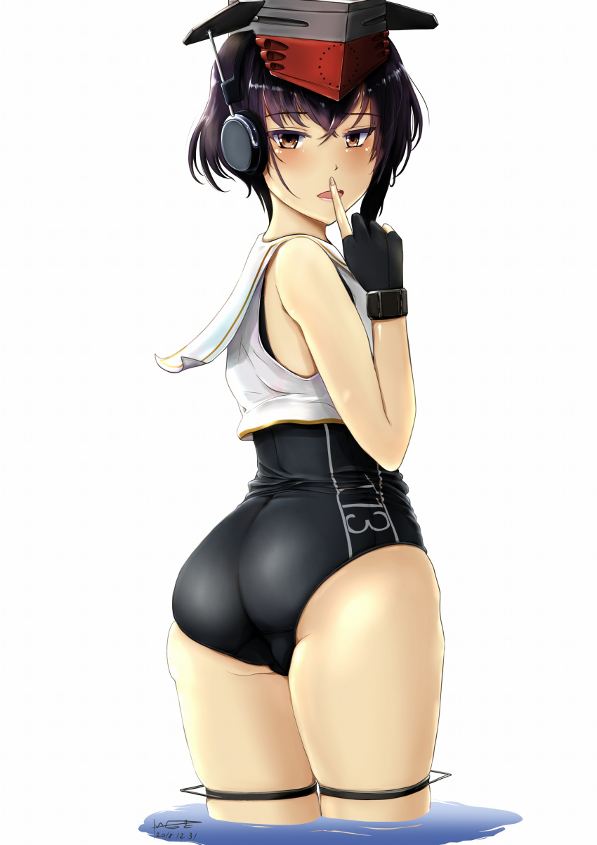 1girl, absurdres, ass, asymmetrical_hair, back, black_hair, black_swimsuit, brown_eyes