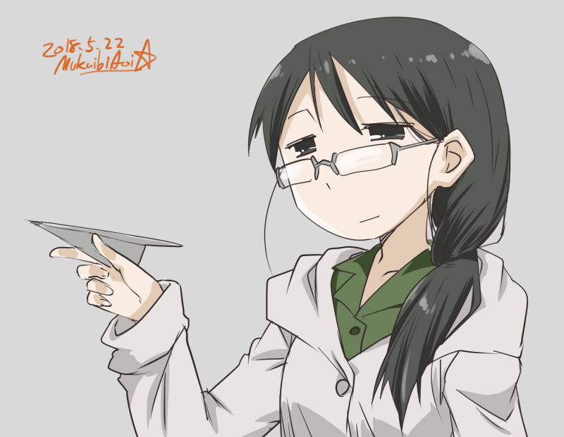 1girl, black_eyes, black_hair, dated, glasses, gobera, holding, ishii_(shoujo_shuumatsu_ryokou)