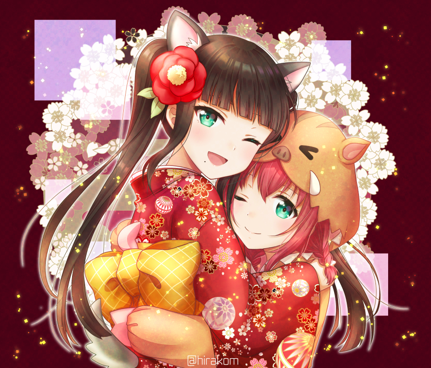 2girls, ;), ;d, animal_ears, animal_hat, back_bow, bangs, blunt_bangs