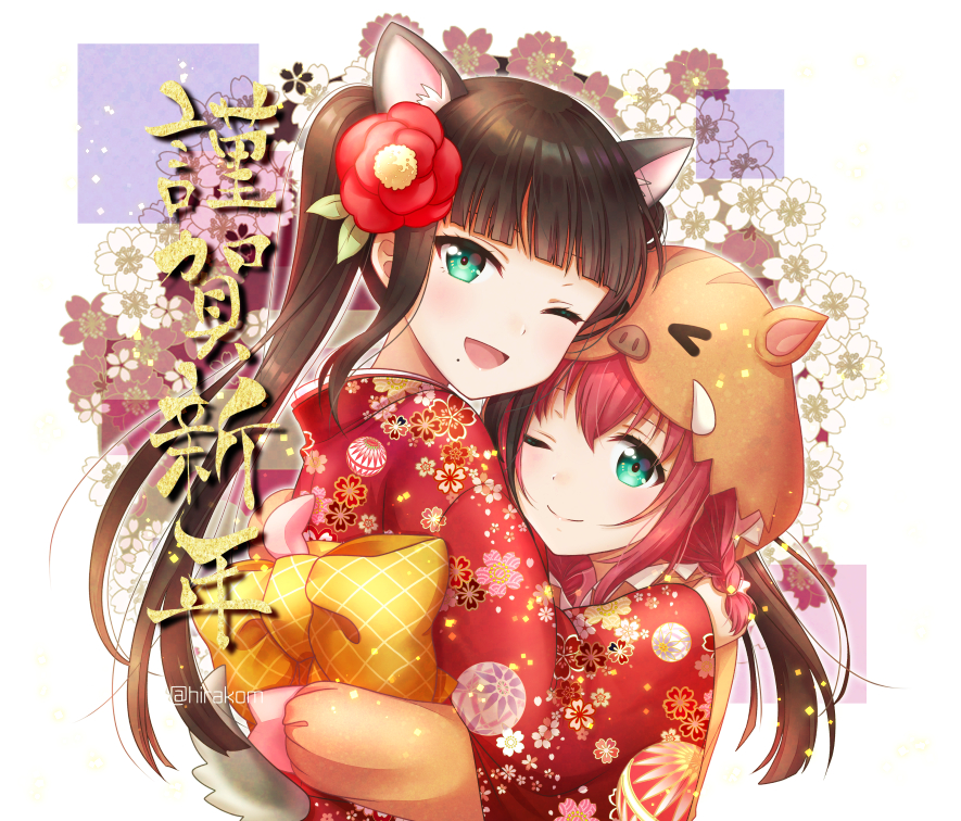 2girls, ;), ;d, animal_ears, animal_hat, back_bow, bangs, blunt_bangs