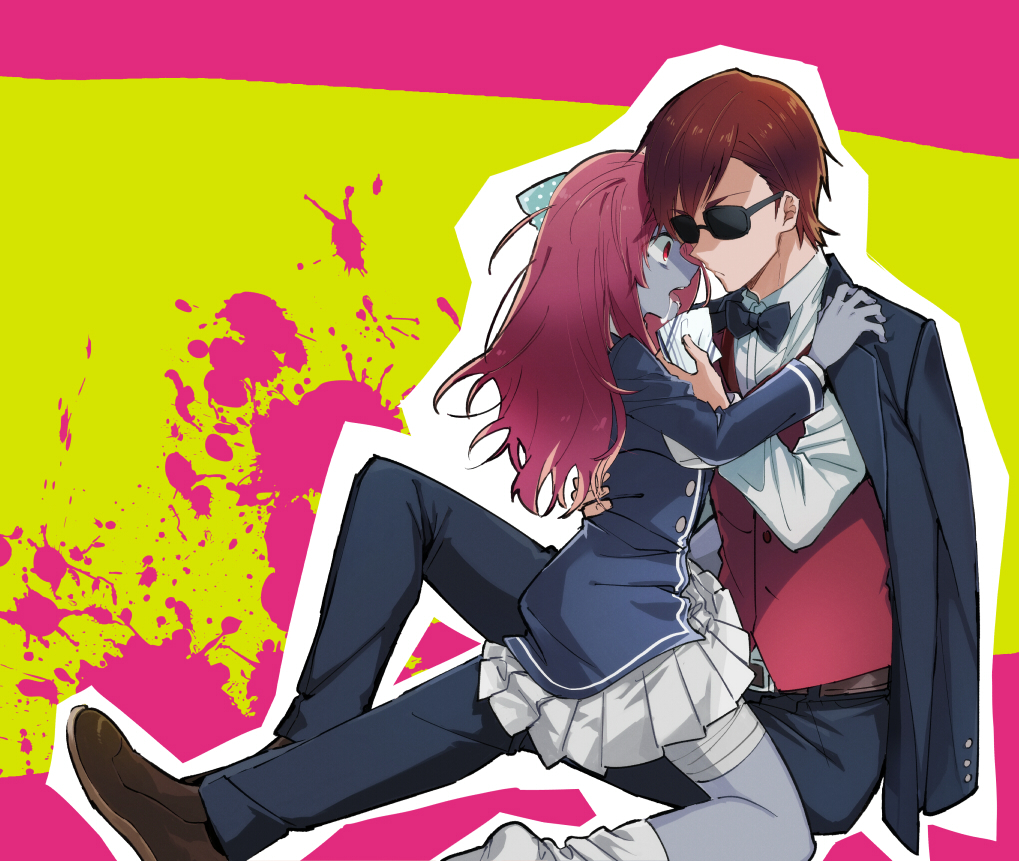 1boy, 1girl, bandage, belt, belt_buckle, bow, bowtie, brown_hair