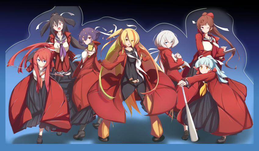 6+girls, ahoge, aqua_hair, black_hair, blonde_hair, blue_eyes, bnb18750408, bokken