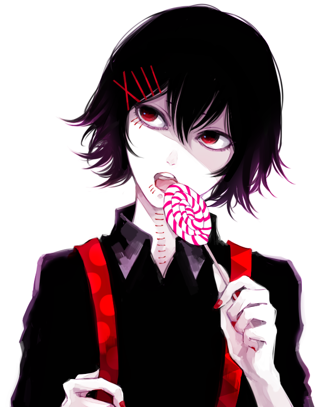 1boy, androgynous, black_hair, black_shirt, candy, commentary_request, face, fingernails