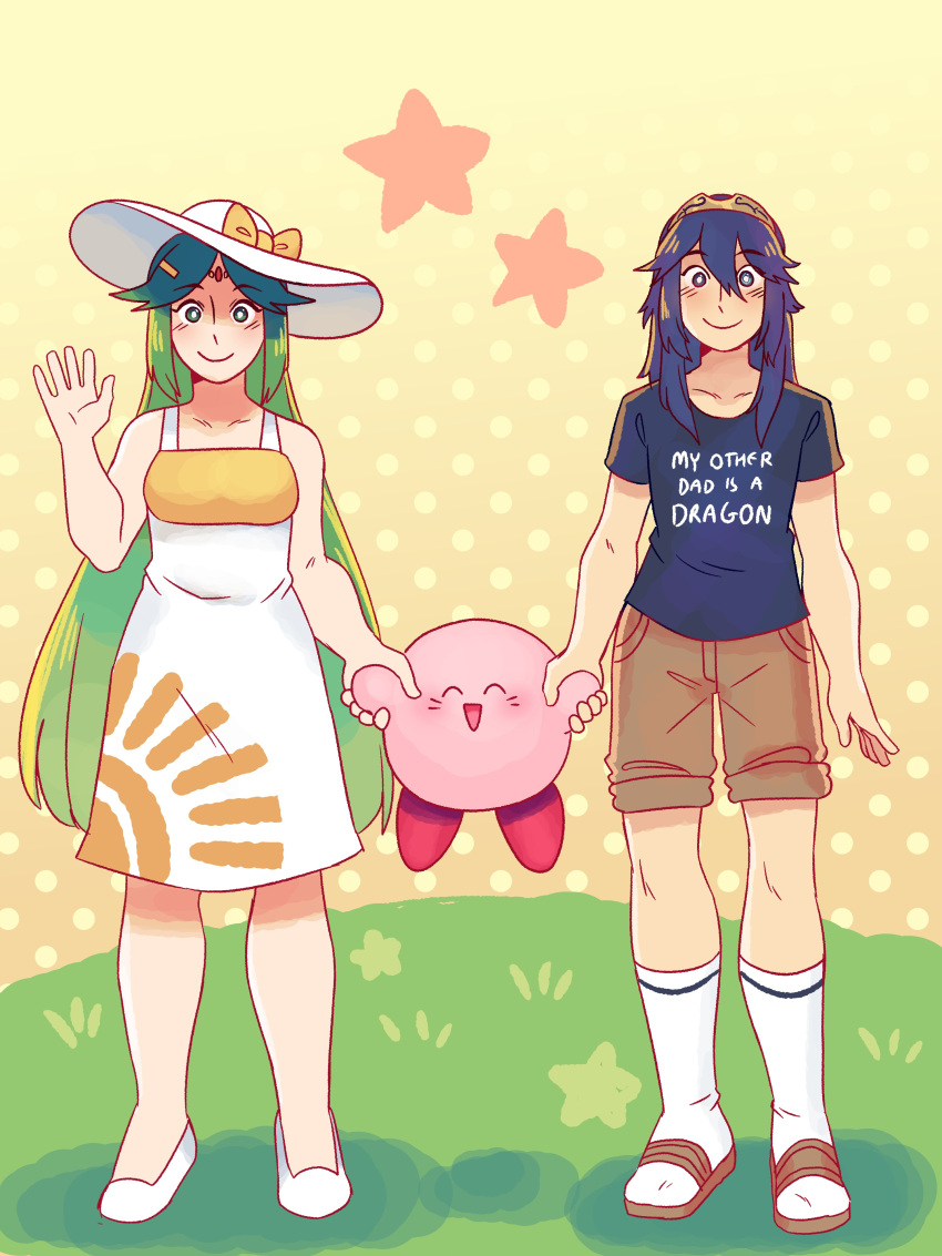 1other, 2girls, absurdres, blue_eyes, blue_hair, blush, closed_eyes, dres, dress, fire_emblem, fire_emblem:_kakusei, frogbians, full_body, goddess, green_eyes, green_hair, hand_holding, hat, highres, hoshi_no_kirby, intelligent_systems, kid_icarus, kirby, kirby_(series), long_hair, looking_at_viewer, lucina, multiple_girls, nintendo, palutena, shirt, shorts, smile, sora_(company), sundress, super_smash_bros., super_smash_bros._ultimate, super_smash_bros_for_wii_u_and_3ds, sword_girl, tiara, waving, yuri