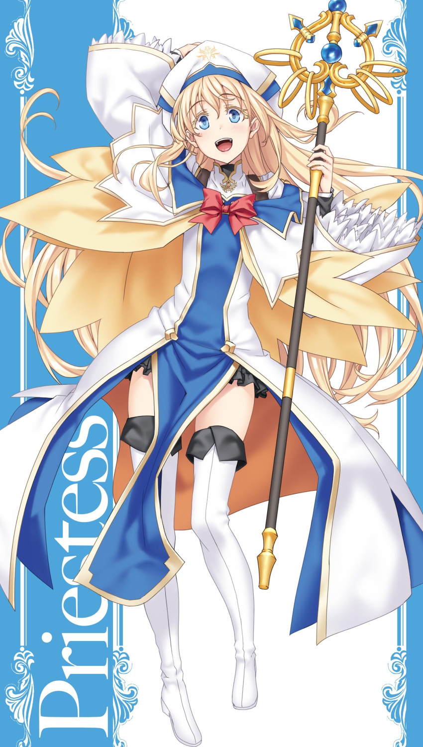 1girl, absurdres, arm_up, bangs, blonde_hair, blue_eyes, blush, boots