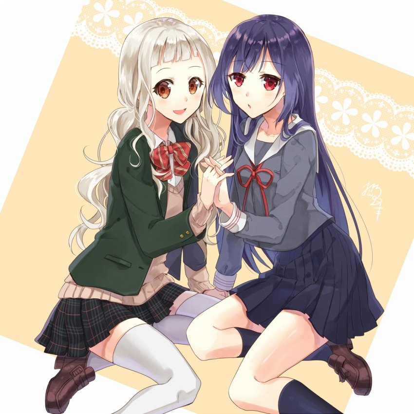 2girls, :d, :o, bangs, black_skirt, blazer, blonde_hair, blue_hair
