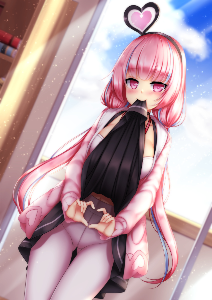 1girl, ass_visible_through_thighs, bangs, black_hairband, black_skirt, blue_hair, blue_sky, blurry