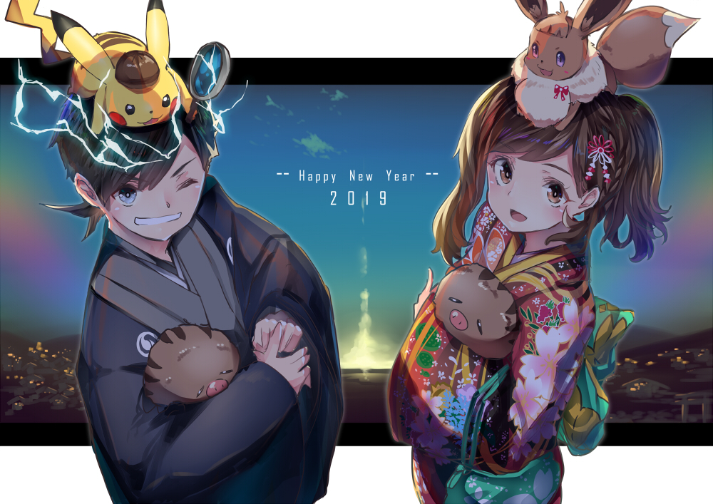 1boy, 1girl, 2019, alternate_costume, animal, animal_hug, animal_on_head, ayumi_(pokemon)