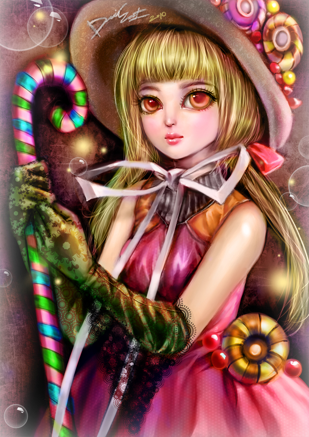 1girl, artist_name, blonde_hair, bubble, candy, candy_cane, closed_mouth, commentary