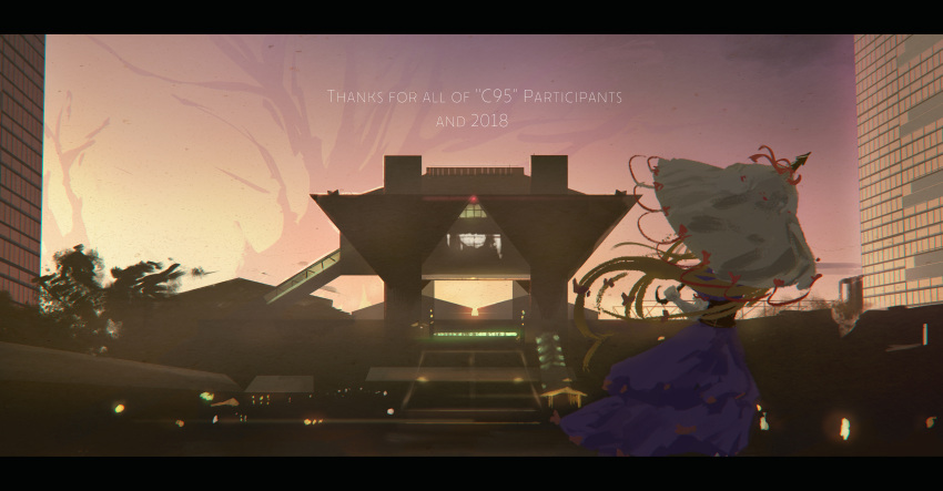 1girl, absurdres, bow, building, city, city_lights, clouds, comiket_95