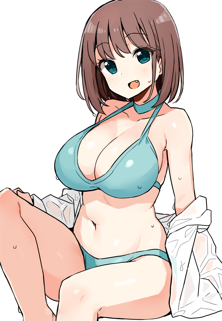 1girl, :d, aqua_bikini, bangs, bare_arms, bare_legs, bare_shoulders, bikini, blue_eyes, blush, breasts, brown_hair, choker, cleavage, collarbone, eyebrows_visible_through_hair, fang, groin, halterneck, head_tilt, invisible_chair, jacket, knee_up, large_breasts, long_sleeves, looking_at_viewer, navel, off_shoulder, open_clothes, open_jacket, open_mouth, saki, shisoneri, short_hair, sidelocks, simple_background, sitting, smile, solo, stomach, sweat, swimsuit, thighs, unozawa_shiori, wet, wet_clothes, white_background, white_jacket