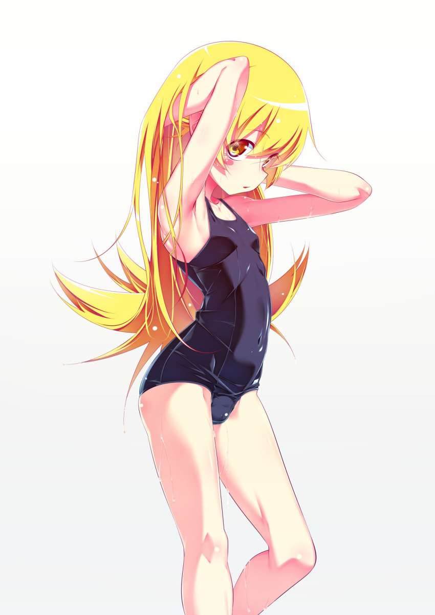 1girl, blonde_hair, blue_swimsuit, covered_navel, eyebrows_visible_through_hair, hand_in_hair, highres, long_hair