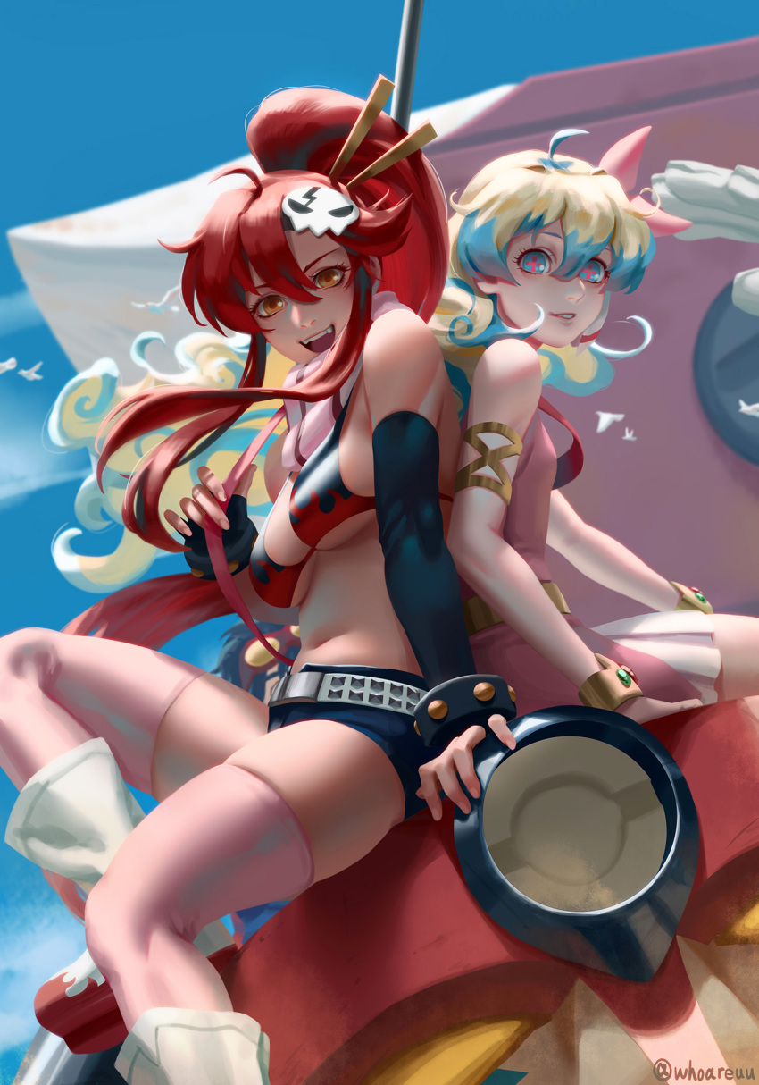2girls, :d, ahoge, armlet, bangs, belt, bikini_top, bird, blue_eyes, blue_sky, bracelet, commentary, curly_hair, dove, dress, elbow_gloves, english_commentary, gloves, grin, gurren, hair_between_eyes, hair_ornament, high_ponytail, highres, jewelry, looking_at_viewer, midriff, multicolored_hair, multiple_girls, navel, nia_teppelin, open_mouth, outdoors, pink_dress, pink_legwear, ponytail, redhead, scarf, short_shorts, shorts, sitting, skull_hair_ornament, sky, smile, studded_belt, studded_bracelet, tengen_toppa_gurren_lagann, thigh-highs, thighs, two-tone_hair, whoareuu, yoko_littner