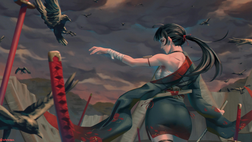 1girl, ahoge, armlet, back, bandage, bandaged_arm, bandages, battlefield