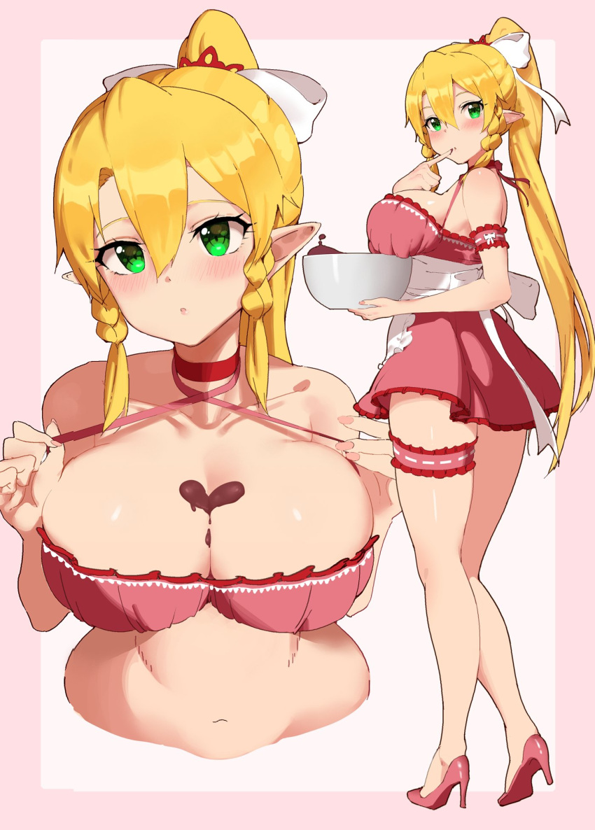 1girl, blonde_hair, blush, bow, bowl, dress, green_eyes, hair_between_eyes