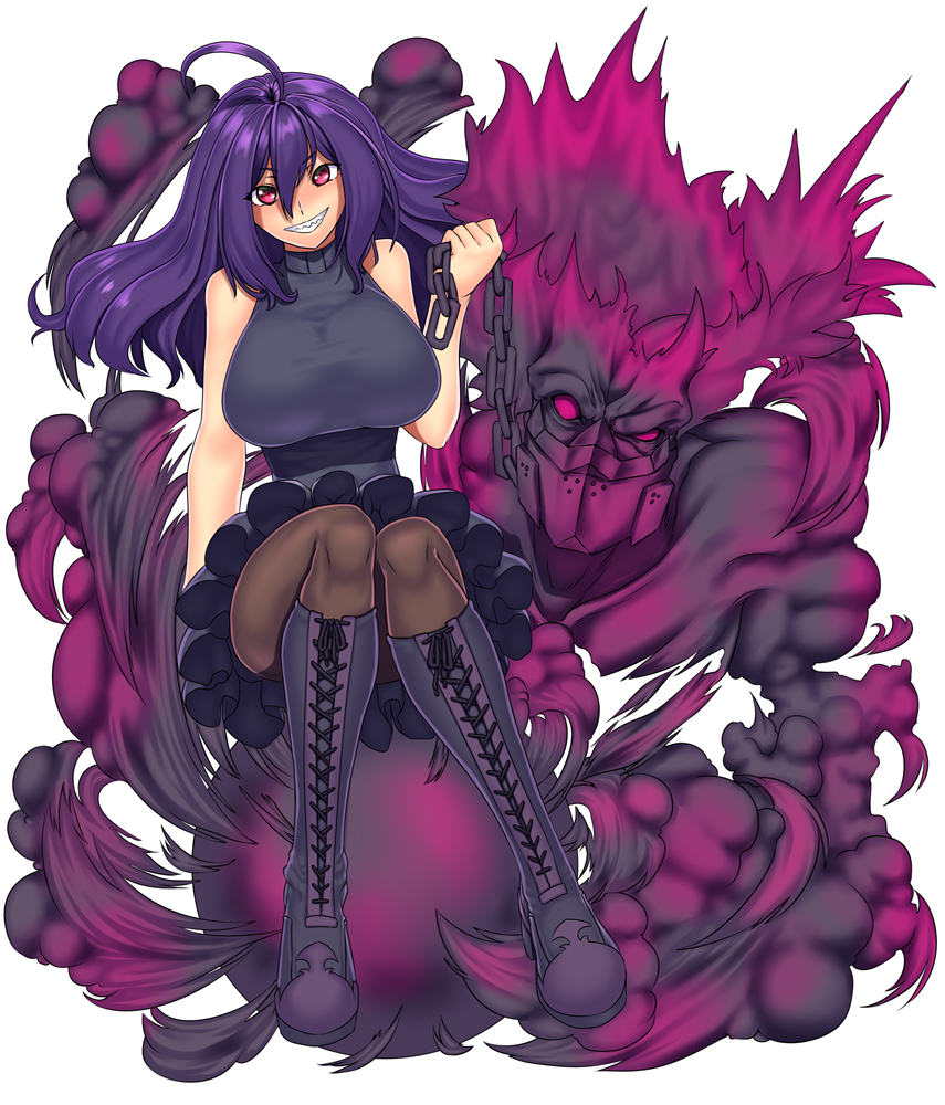 1girl, ahoge, bare_shoulders, blush, boots, breasts, brown_legwear, chains