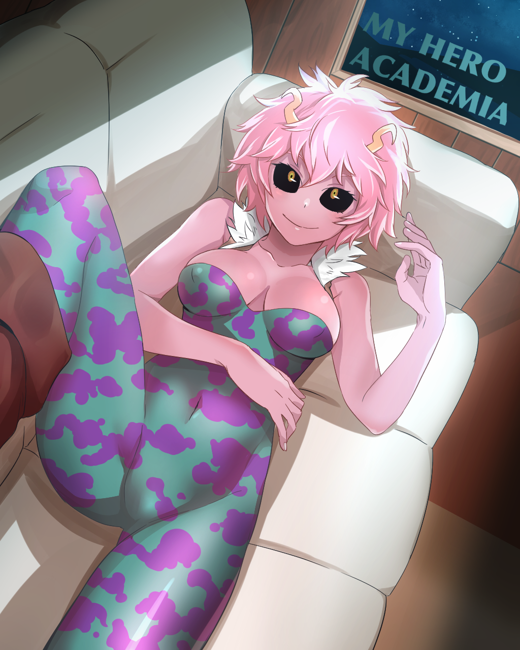 1girl, ashido_mina, black_sclera, bodysuit, boku_no_hero_academia, copyright_name, couch, georugu13, highres, horns, lying, on_back, pink_hair, pink_skin, short_hair, sky, smile, solo, star_(sky), starry_sky, window, yellow_eyes