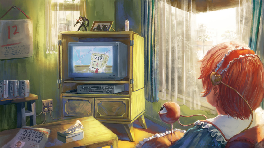 1girl, amibazh, calendar_(object), commentary, crying, curtains, eyeball, figure, frills, hair_ornament, hairband, heart, heart_hair_ornament, indoors, komeiji_satori, new_year, picture_frame, pink_hair, sitting, skirt, solo, spongebob_squarepants, spongebob_squarepants_(character), sunlight, table, tears, television, third_eye, tissue_box, touhou, watching_television, window