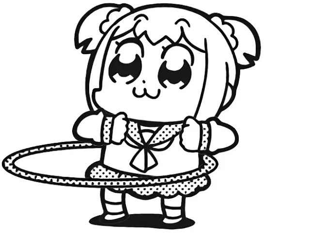1girl, :3, animated, animated_gif, bangs, bkub, chibi, cptnameless, dancing, eyebrows_visible_through_hair, full_body, greyscale, hair_ornament, hair_scrunchie, halftone, hoop, hula_hoop, looping_animation, monochrome, neckerchief, poptepipic, popuko, sailor_collar, school_uniform, scrunchie, serafuku, shadow, sidelocks, simple_background, skirt, solo, standing, white_background