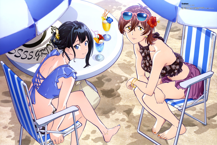 2girls, absurdres, anklet, bangs, bare_shoulders, beach, beach_chair, beach_umbrella