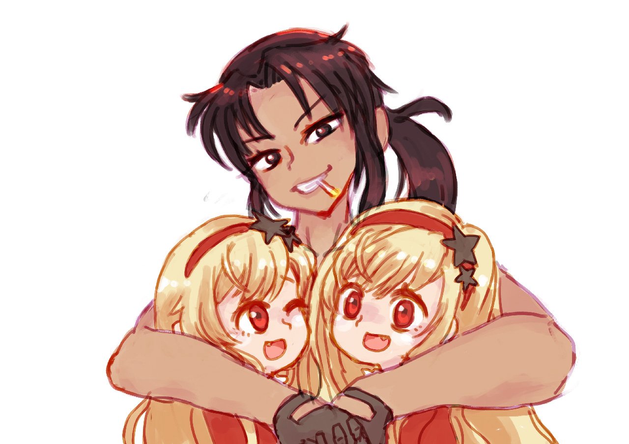 3girls, black_lagoon, blonde_hair, cigarette, cyp_tw, fang, fingerless_gloves, girls_frontline