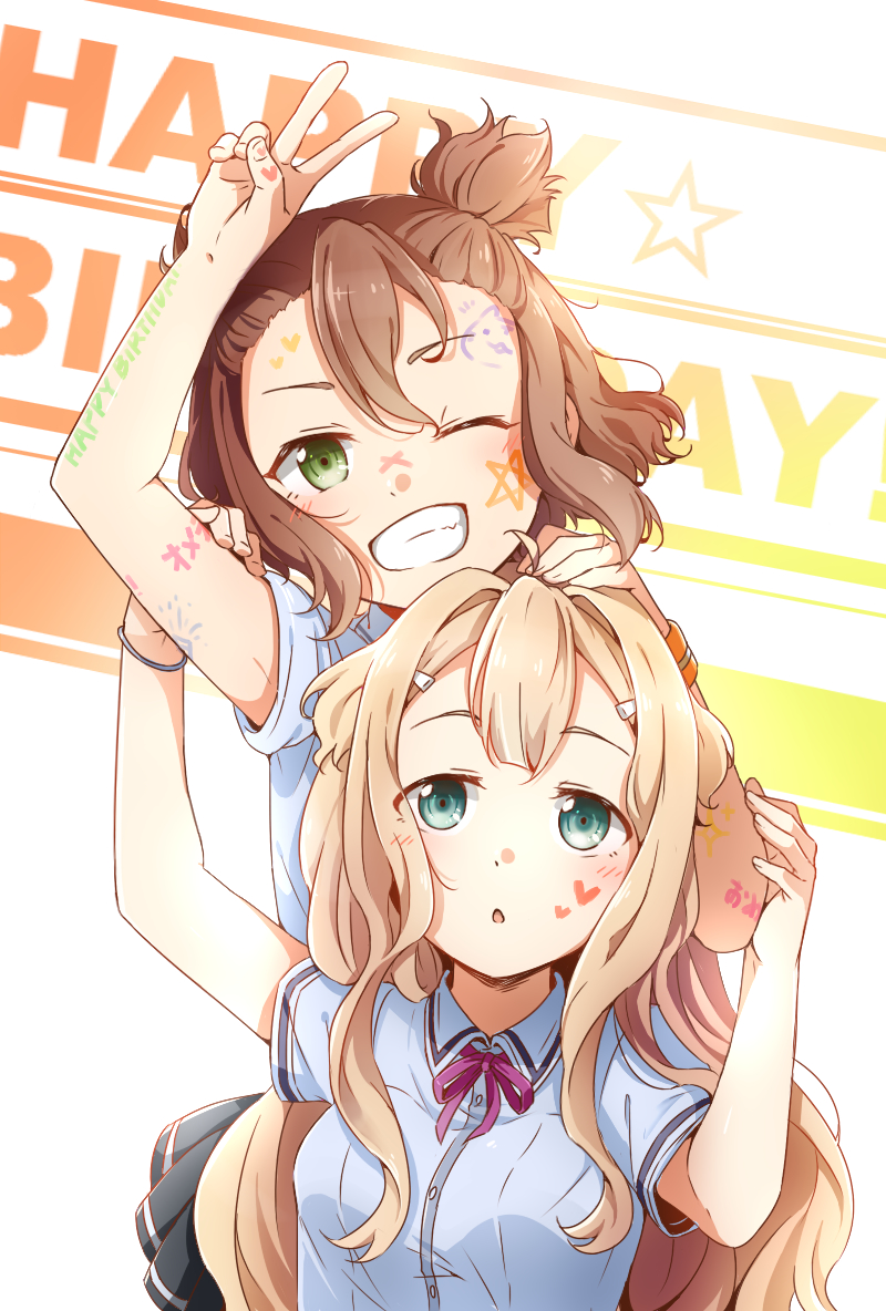 2girls, ahoge, aqua_eyes, arm_up, black_skirt, blonde_hair, blush, body_writing