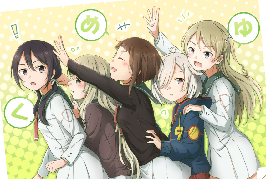 !, +++, /\/\/\, 5girls, :d, ?, black_eyes, black_hair