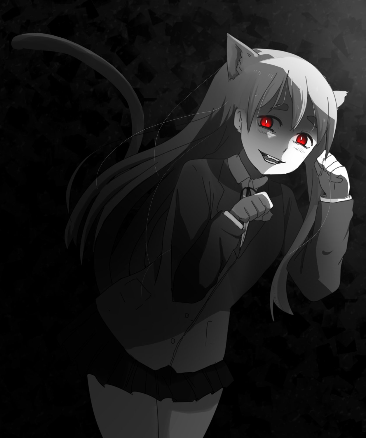 1girl, animal_ears, black_background, cat_ears, commentary, english_commentary, evil_smile, eyebrows