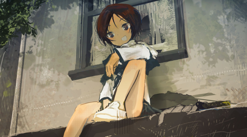1girl, black_eyes, blush, bob_cut, brown_hair, convenient_censoring, convenient_leg, dappled_sunlight